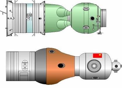 1995er Entwurf des chinesischen Raumschiffs - oben zum Vergleich ein Sojus-Raumschiff