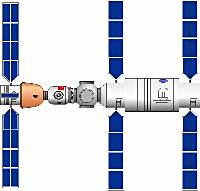 Die kleinere Raumstationsversion mit einem Andockmodul - ein Shenzhou-Raumschiff hat angedockt.